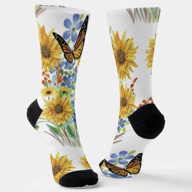 Chaussette Jolie Fleurs Bleues Jaunes avec Papillon (Angulaire)