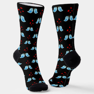 Chaussette Jolis Petits Oiseaux Bleus sur Fond Noir