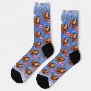 Chaussette Joyeux Noël avec 1 Coeur Photo et Nom Bleu