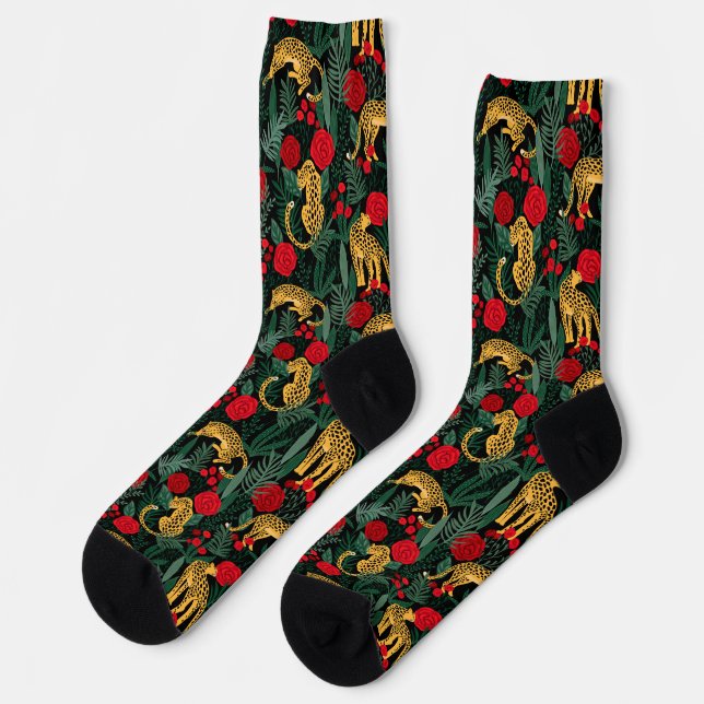 Chaussette Jungle de léopard foncé avec Roses (Gauche)