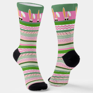 Chaussette Lapins blancs sur les rayures rose et verte, Pâque