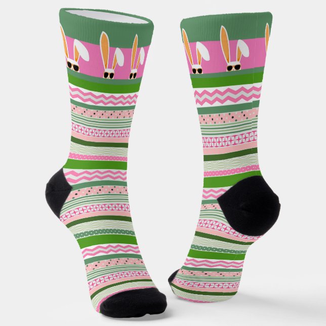 Chaussette Lapins blancs sur les rayures rose et verte, Pâque (Angulaire)