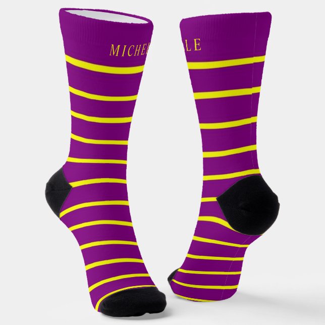Chaussette Lignes Horizonta Jaune Violet Strié Nom Personnali (Angulaire)