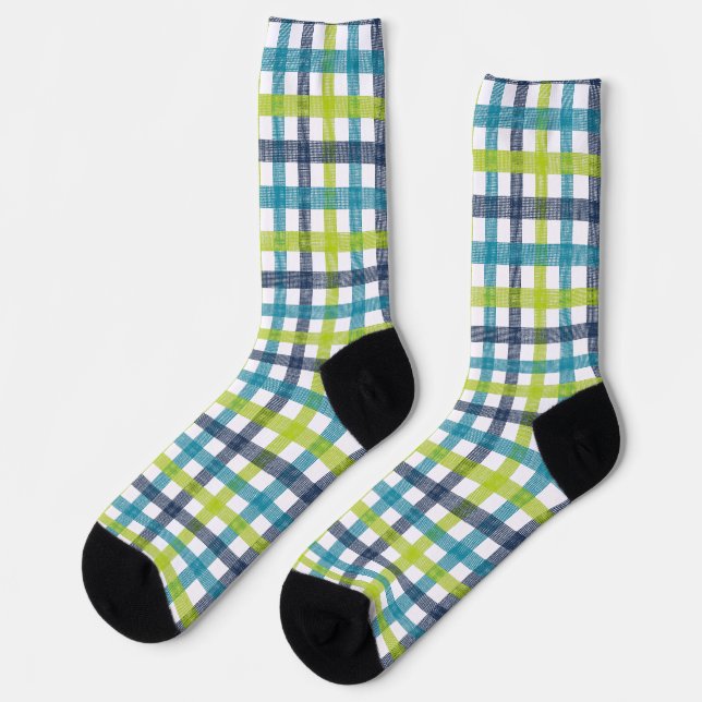 Chaussette Lime Green, Navy et bleu turquoise Plaid (Gauche)