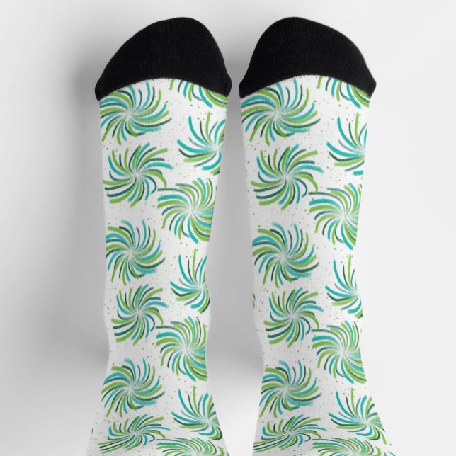 Chaussette Lime, Turquoise, Tourbillons verts sur Blanc (Haut)