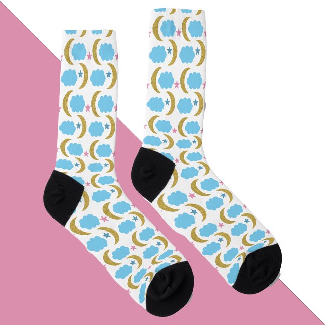Chaussette Lune Stars Nuages Faux Gold Parties scintillant Bl (A pair of socks with crescent moons, stars and clouds!)