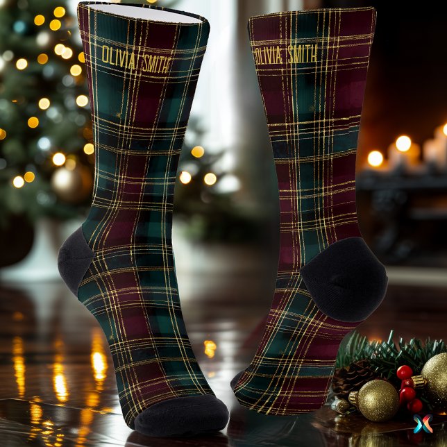 Chaussette Luxueux Vert & Bourgogne Noël Plaid Custom (Créateur téléchargé)