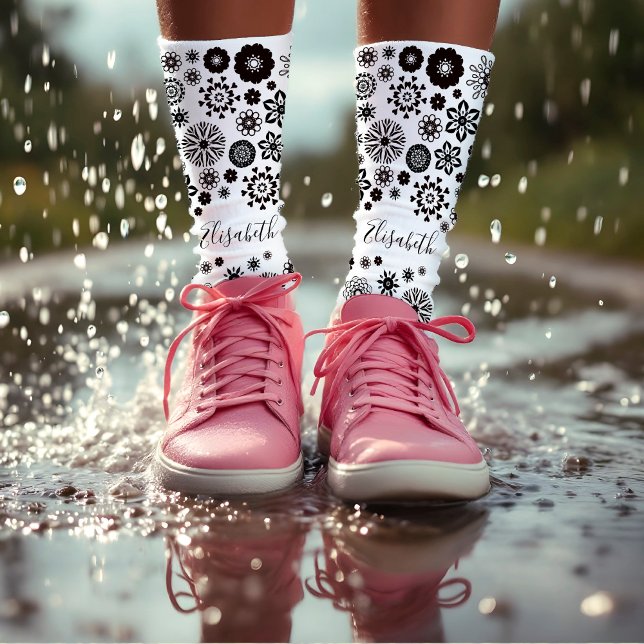 Chaussette Mandala florale noir et blanc hippie boho fleurs (Créateur téléchargé)