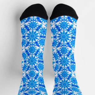 Chaussette Mandala motif, bleu cobalt, turquoise et blanche