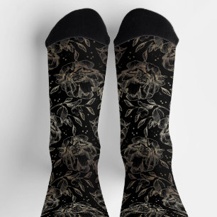 Chaussette Mariage de fleurs noir & or élégant main tiré