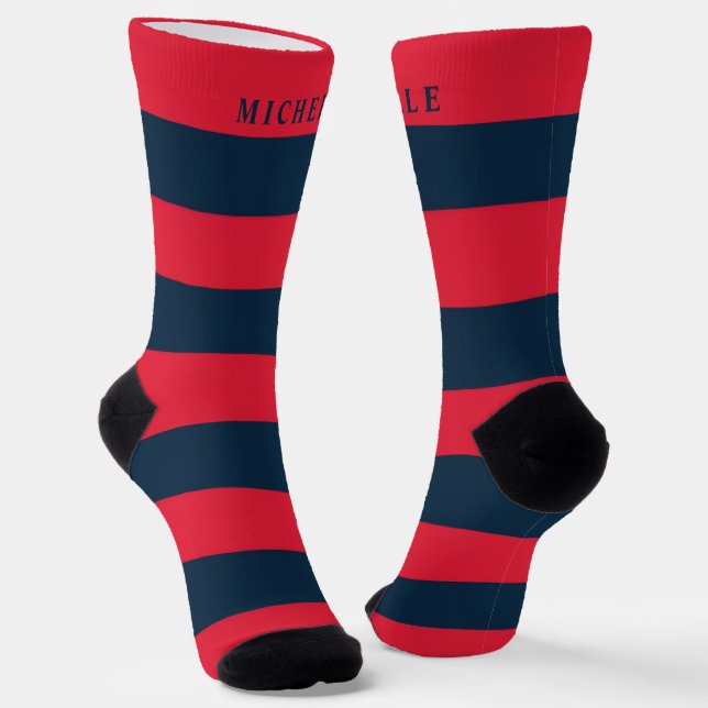 Chaussette Marine Bleu Rouge rayé Pour Nom Personnalisé (Angulaire)