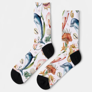 Chaussette Marine Vie Dolphins Seahors Plage Motif Blanc