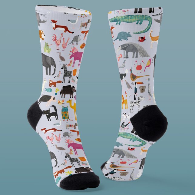 Chaussette Ménagerie animale (Fun animal menagerie with wild, safari, zoo, pet animals and birds pattern socks)