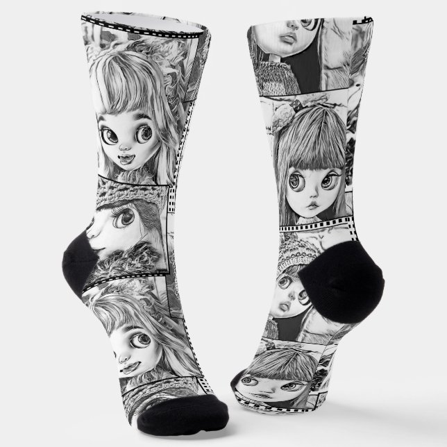 Chaussette Mes poupées patchwork noir et blanc préférées  (Angulaire)