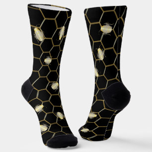 Chaussette Miel de couleur or Bee Honeycomb Design Noir
