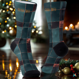 Chaussette Minimaliste Turquoise & Bourgogne Noël Plaid sur m
