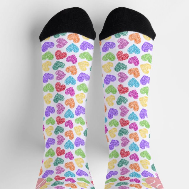 Chaussette Moderne Vibrant Rainbow Doodle Hearts Monogramme (Haut)