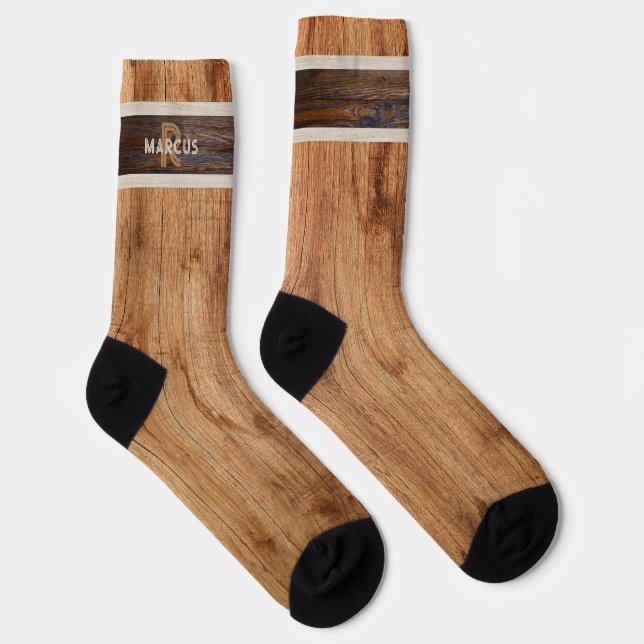 Chaussette Monogramme en bois rustique Tan et Brown (Droite)