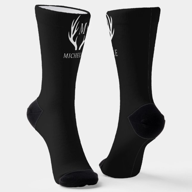 Chaussette Monogramme personnalisé avec Antler Cerf Blanc Noi (Angulaire)