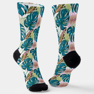 Chaussette Monstera turquoise foncé, pêche délicate et jaune