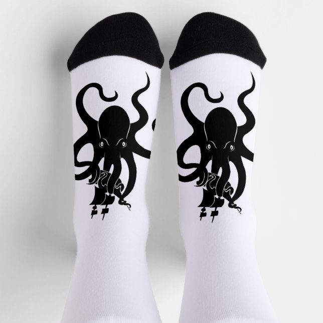 Chaussette Monstre de mer bleu et noir Kraken avec navire (Haut)