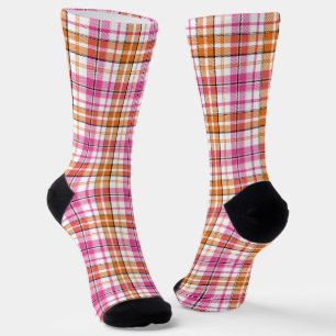 Chaussette Motif à carreaux Tartan blanc rose orange