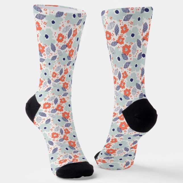 Chaussette Motif à fleurs moderne orange et bleu (Angulaire)