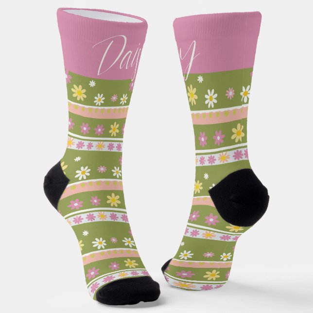 Chaussette Motif à fleurs rose et verte personnalisable (Angulaire)