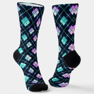 Chaussette Motif Argyle Noir, Bleu et Rose Rétro Futuriste