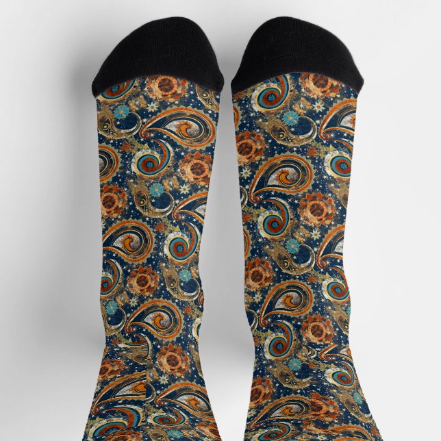 Chaussette Motif Celestial Paisley Marine Bleu, Orange, Or (Haut)