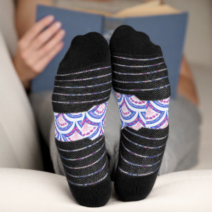 Chaussette motif damassé floral bleu