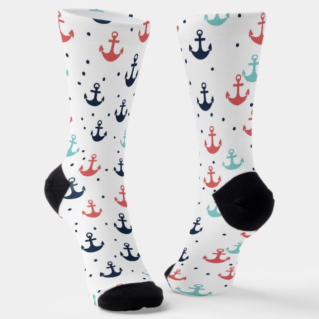 Chaussette Motif d'Ancres nautiques Bleu Rouge Blanc (Angulaire)