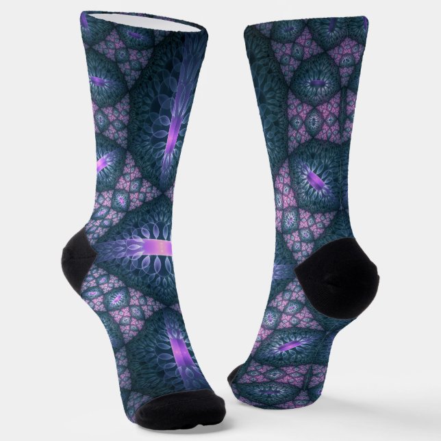 Chaussette motif d'art fractal 3D Turquoise violet rose (Angulaire)