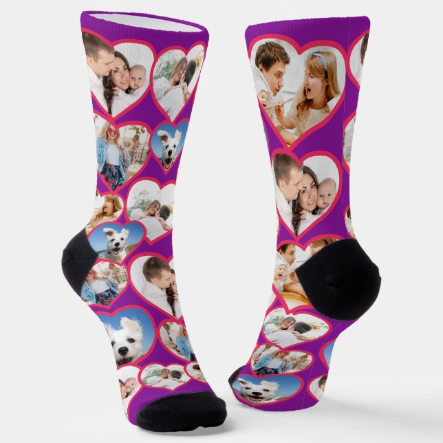 Chaussette Motif de coeur rouge violet élégant | 5 Collage ph (Angulaire)