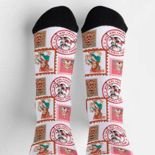 Chaussette Motif de collage de timbres de Noël vintage