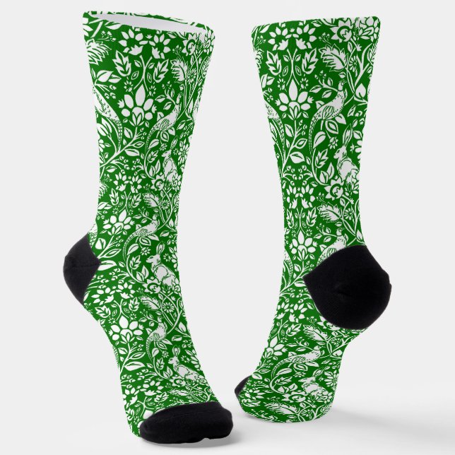 Chaussette Motif de faisan et lièvre, vert émeraude et blanc (Angulaire)