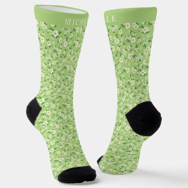 Chaussette Motif de fleurs blanches en vert sur mesure (Angulaire)
