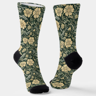 Chaussette Motif de fleurs jaunes stylisées vert foncé