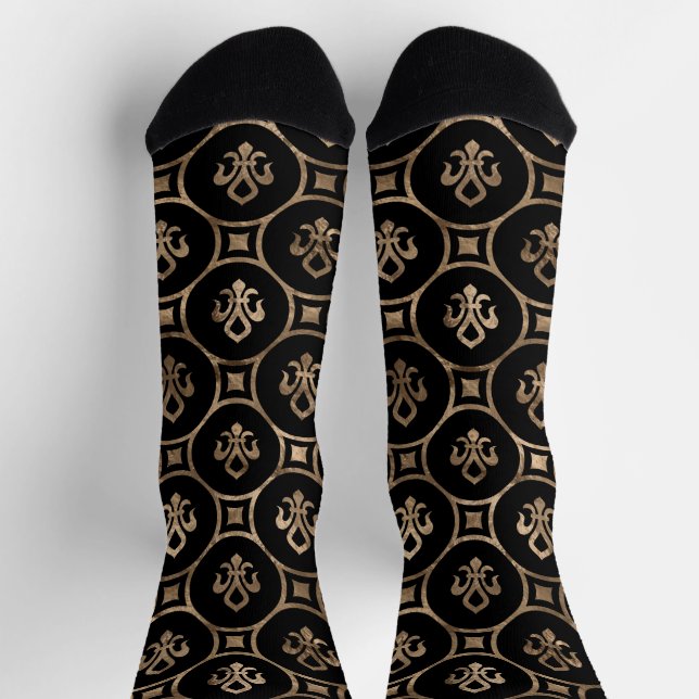 Chaussette Motif de luxe Fleur de lis noir et or (Haut)