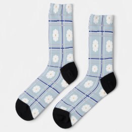 Chaussette Motif de marguerite à carreaux bleus