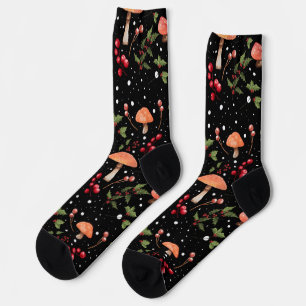 Chaussette Motif de Noël Cottagecore Champignon d'Hiver
