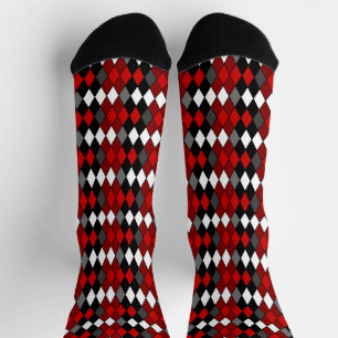 Chaussette motif diamant rouge, noir, blanc et gris
