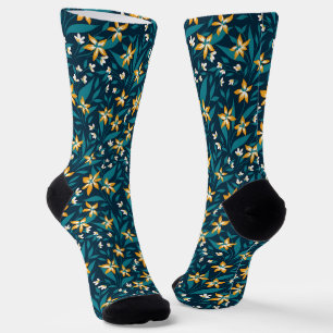Chaussette Motif élégant de fleurs jaunes sur fond de feuille