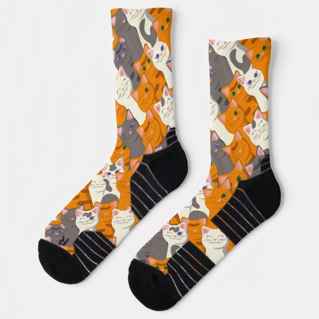 Chaussette Motif en diagonale du chat noir blanc gingembre (Gauche)