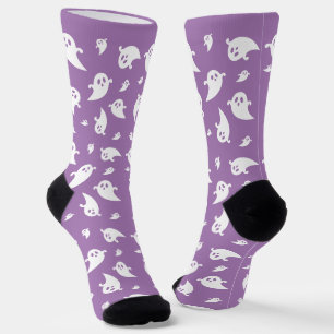 Chaussette Motif Fantôme blanc sur Halloween mauve mûre