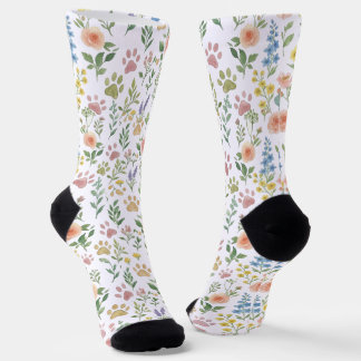 Chaussette Motif Fleurs et Empreintes de Patte à l'Aquarelle