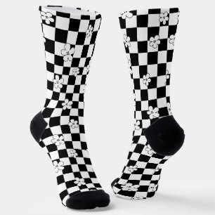 Chaussette Motif floral à carreaux noir et blanc