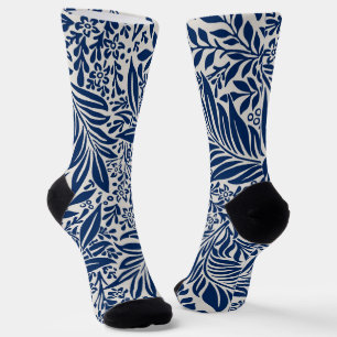 Chaussette motif floral bleu avec feuilles et fleurs variées