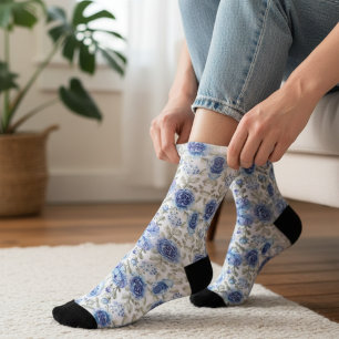Chaussette Motif floral bleu rétro élégant, botanique de prin