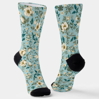 Chaussette Motif floral botanique sarcelle et blanc Esthétiqu